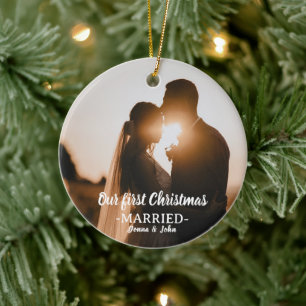 Our First Christmas Married Whimsical Script Photo Ceramic Tree Decoration
