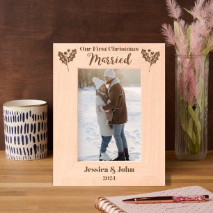 Our First Christmas married with Holly leaves Etched Frames