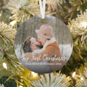 our first christmas,minimal script,mr&mrs , photo metal tree decoration