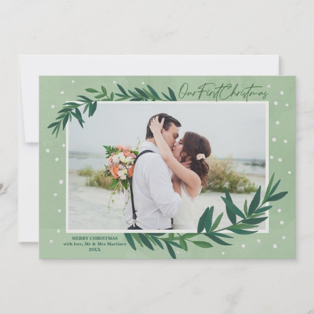 Our First Christmas Modern Botanical Photo Holiday Card (Front)