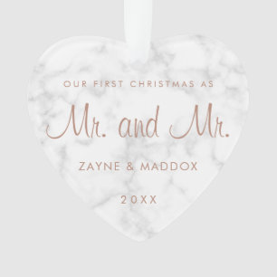 Our First Christmas Modern Marble Rose Gold Gay Ornament
