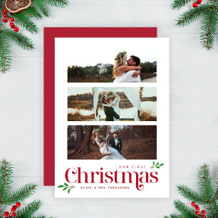 Our First Christmas Modern Newlywed Three Photo Holiday Card