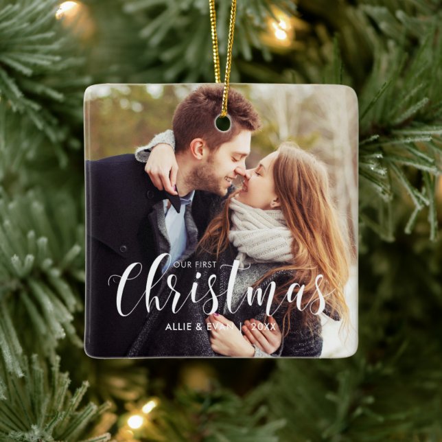 "Our First Christmas" Modern Personalised Ceramic Ornament (Tree)
