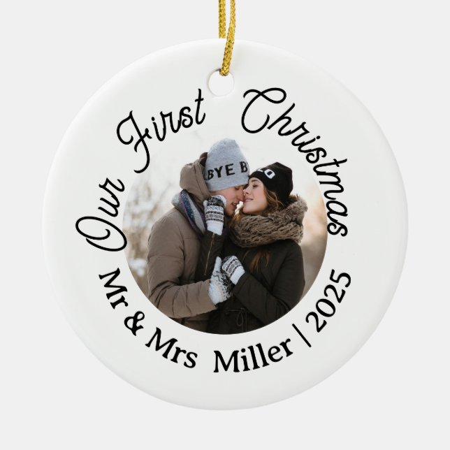 Our First Christmas Modern Photo Newlywed Keepsake Ceramic Tree Decoration (Front)