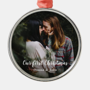 Our First Christmas Modern Script Couple Photo Metal Tree Decoration