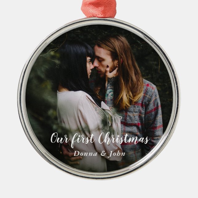 Our First Christmas | Modern Script Couple Photo Metal Tree Decoration (Front)