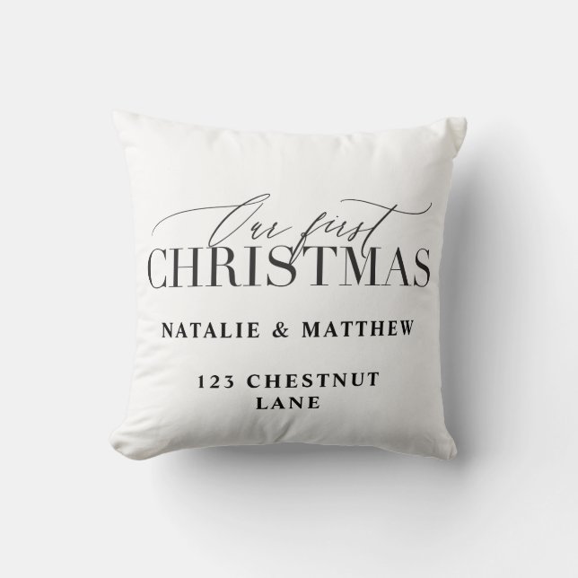 our first christmas modern script red plaid cushion (Front)