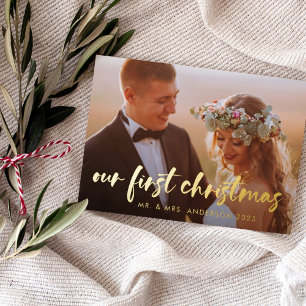 Our First Christmas Modern Two Photo Foil Holiday Card