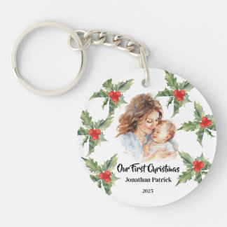 Our First Christmas Mother and Baby Photo Holly Key Ring