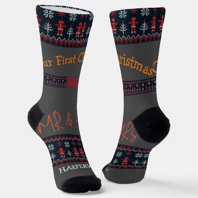 Our first Christmas Mr and Mrs / Couple newlywed  Socks (Angled)