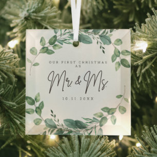 Our First Christmas Mr and Mrs Custom Date Glass Tree Decoration