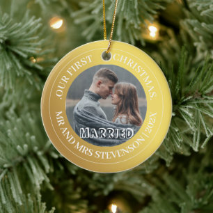 Our first Christmas Mr and Mrs Gold Modern Photo Ceramic Tree Decoration