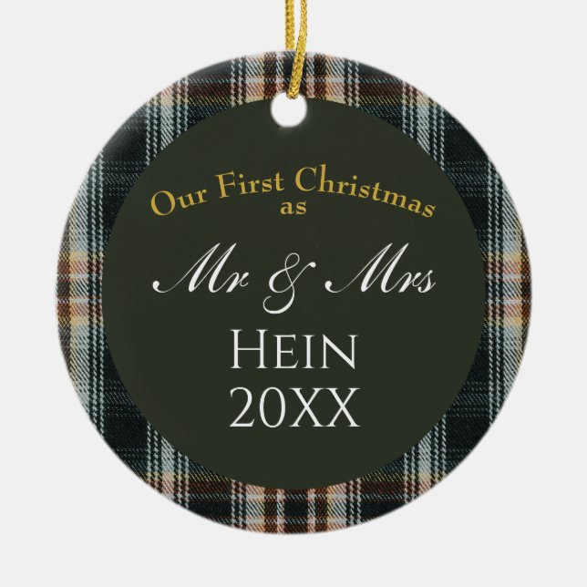 Our First Christmas Mr and Mrs Green Plaid Ceramic Tree Decoration (Front)