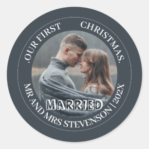 Our first Christmas Mr. and Mrs. newlywed elegant Classic Round Sticker