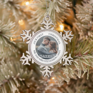 Our first Christmas Mr. and Mrs. newlywed elegant Snowflake Pewter Christmas Ornament