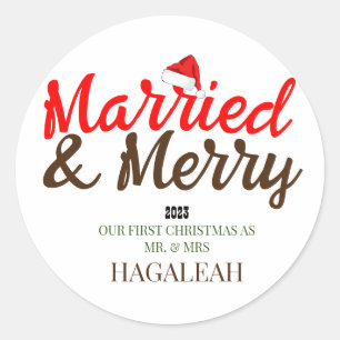 Our First Christmas Mr. and Mrs. Newlywed Merry Classic Round Sticker