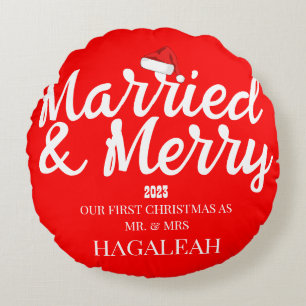 Our First Christmas Mr. and Mrs. Newlywed Merry Round Cushion