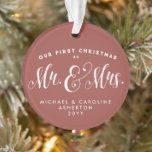 Our first Christmas Mr. and Mrs. newlywed Ornament<br><div class="desc">This "Our first Christmas as Mr. and Mrs." ornament featuring unique script typography and a full photo is the perfect way to commemorate your first married Christmas. The type is on a stylish terracotta red background which can be changed by clicking "customise further."</div>