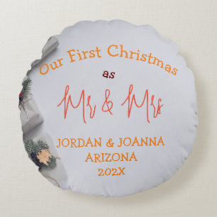 Our first Christmas Mr. and Mrs. newlywed White  Round Cushion
