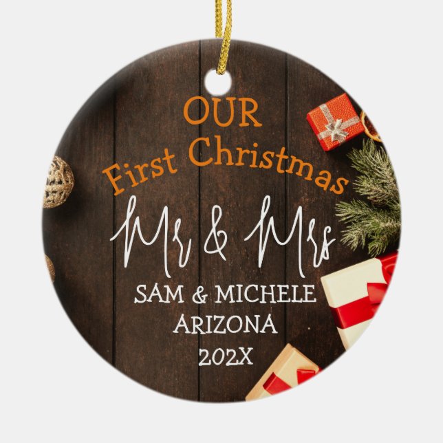 Our first Christmas Mr. and Mrs. newlywed wood   Ceramic Tree Decoration (Front)