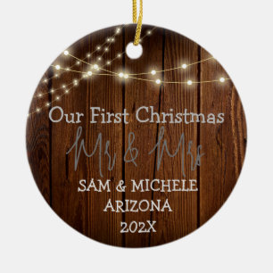 Our first Christmas Mr. and Mrs. newlywed wood Ceramic Tree Decoration