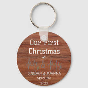 Our first Christmas Mr. and Mrs. newlywed wood Key Ring