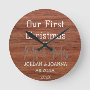 Our first Christmas Mr. and Mrs. newlywed wood Round Clock