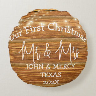 Our first Christmas Mr. and Mrs. newlywed wood Round Cushion