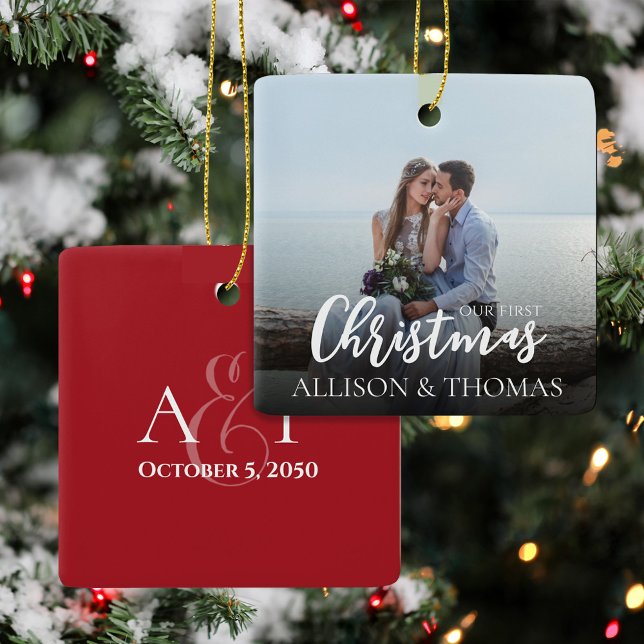 Our First Christmas Mr and Mrs Photo Calligraphy Ceramic Ornament (Our First Christmas personalized photo ornament celebrating a couple’s first holiday together.)