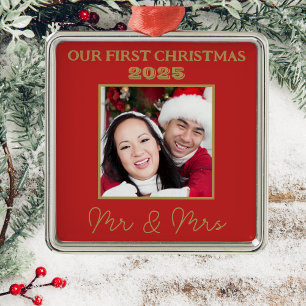 Our First Christmas Mr And Mrs Photo Red And Gold Metal Tree Decoration