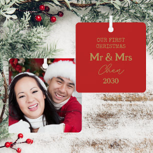 Our First Christmas Mr And Mrs Red And Gold Photo Metal Tree Decoration