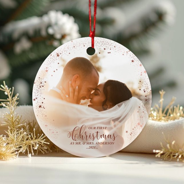 Our First Christmas Mr And Mrs Rose Couple Photo Ornament (Creator Uploaded)