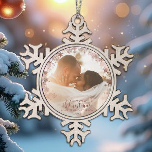 Our First Christmas Mr And Mrs Rose Couple Photo Snowflake Pewter Christmas Ornament