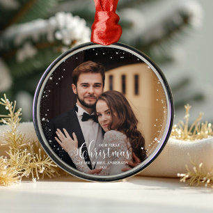 Our First Christmas Mr And Mrs Script Couple Photo Metal Tree Decoration