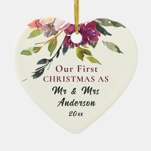 Our First Christmas Mr & Mrs Bible Verse Christmas Ceramic Tree Decoration (Front)