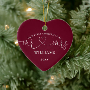 Our First Christmas Mr Mrs Burgundy Heart Script Ceramic Tree Decoration