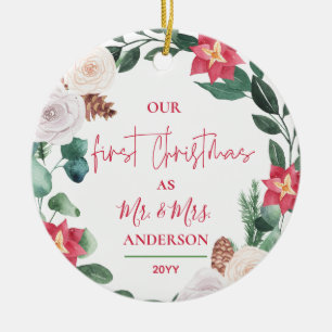 Our First Christmas Mr. & Mrs. Floral Wreath Photo Ceramic Tree Decoration