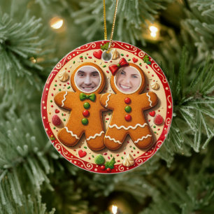 Our First Christmas Mr & Mrs Fun Gingerbread Photo Ceramic Tree Decoration