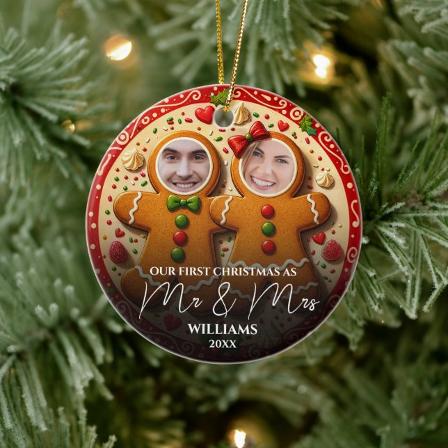Our First Christmas Mr & Mrs Fun Gingerbread Photo Ceramic Tree Decoration (Tree)