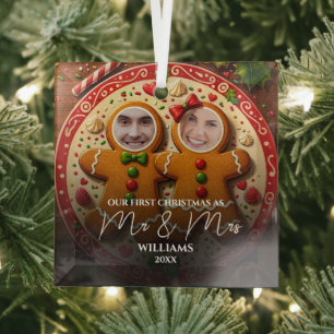 Our First Christmas Mr & Mrs Fun Gingerbread Photo Glass Tree Decoration