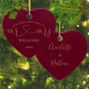 Our First Christmas Mr Mrs Gold Love Heart Script Ceramic Tree Decoration