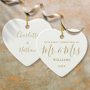 Our First Christmas Mr Mrs Gold Signature Script Ceramic Tree Decoration