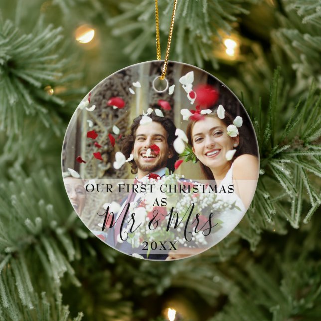 Our First Christmas Mr Mrs Name Photo Holiday Ceramic Tree Decoration (Tree)