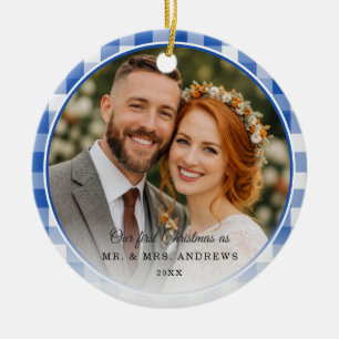 Our First Christmas-Mr. & Mrs. Photo Blue Gingham Ceramic Tree Decoration