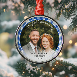 Our First Christmas-Mr. & Mrs. Photo Blue Gingham Metal Tree Decoration