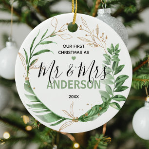 Our First Christmas Mr & Mrs Photo Botanical Gold  Ceramic Tree Decoration