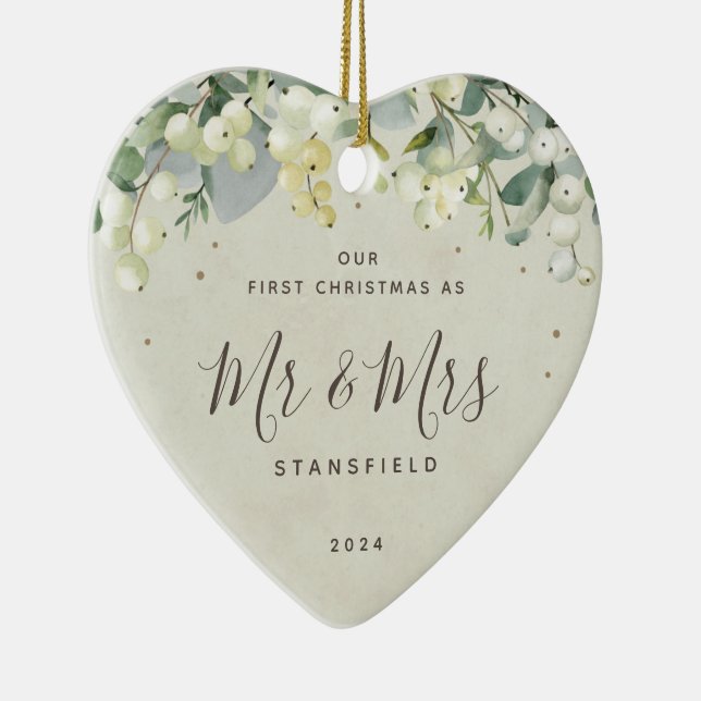 Our First Christmas Mr & Mrs Photo Heart Shaped Ceramic Tree Decoration (Right)