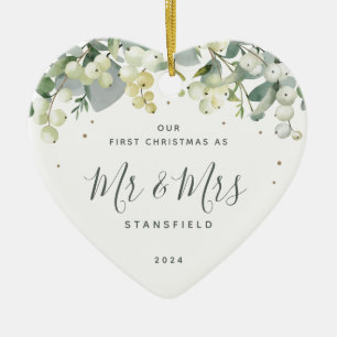 Our First Christmas Mr & Mrs Photo Heart Shaped Ceramic Tree Decoration
