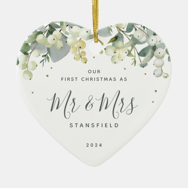 Our First Christmas Mr & Mrs Photo Heart Shaped Ceramic Tree Decoration (Front)