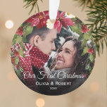 Our First Christmas | Mr & Mrs Photo Ornament<br><div class="desc">Our first christmas tree ornament featuring a photo on both sides,  a watercolor xmas wreath,  and a personalised text template.</div>